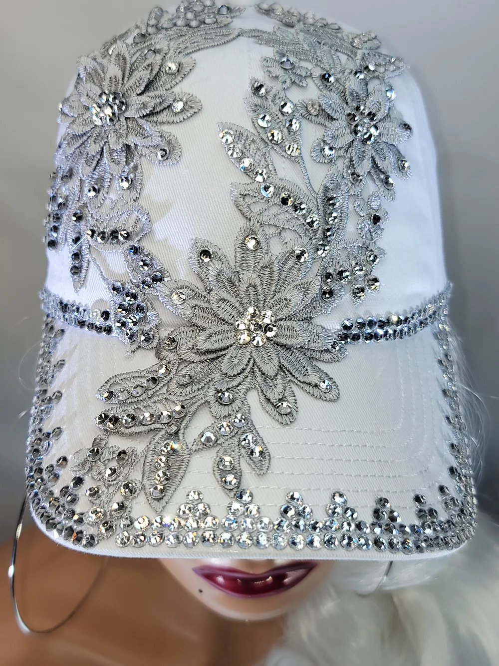 Embellished White Floral Rhinestone Baseball Cap - Picture 7 of 11